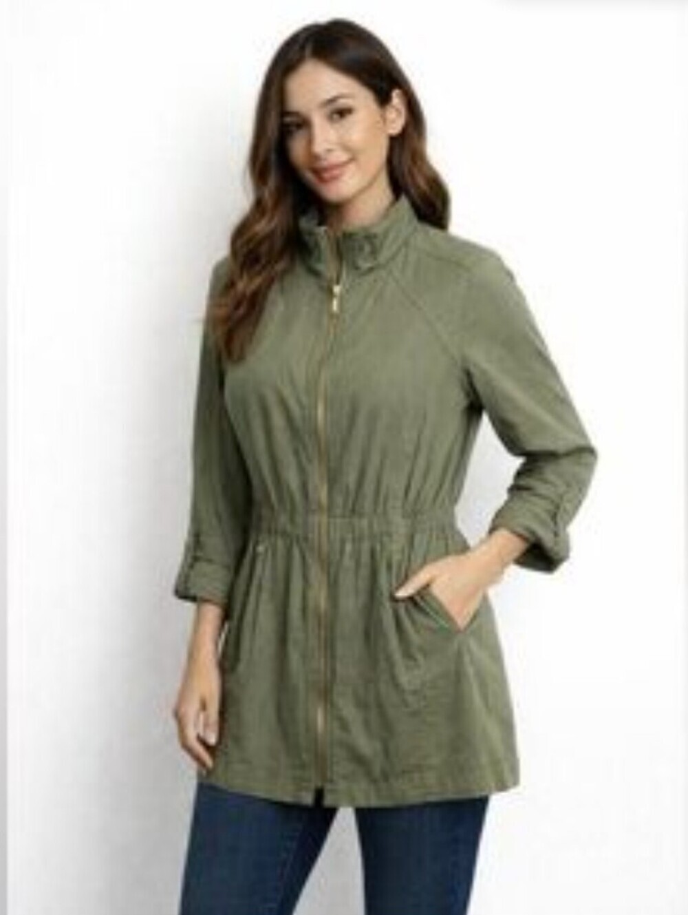 Ellen Tracy Army Green Linen Romper With Gold Accents- Size L Like New
